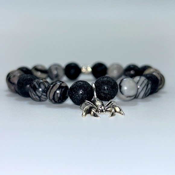 Handmade Halloween Spider Charm Bracelet with Natural Jasper & Lava Rock Stones! - Picture 7 of 8